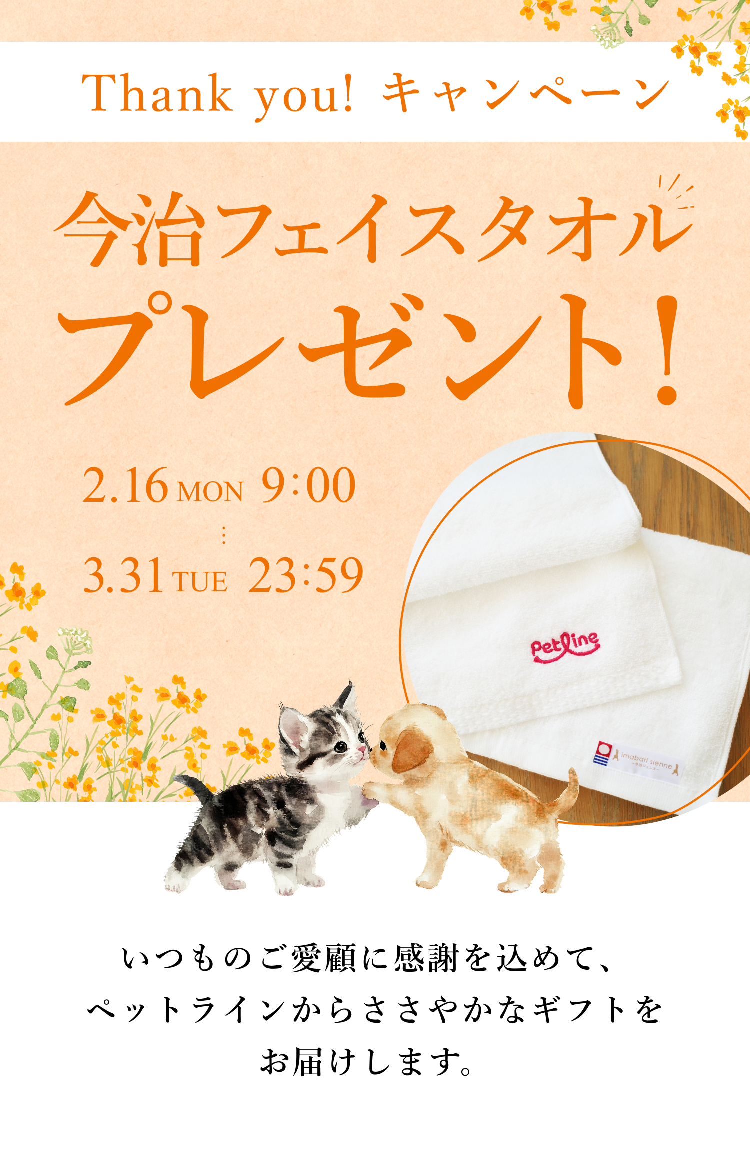 Thank you!キャンペーン 今治フェイスタオルプレゼント！ 2.16 MON 9:00 - 3.31 TUE 23:59 いつものご愛顧に感謝を込めて、ペットラインからささやかなギフトをお届けします。